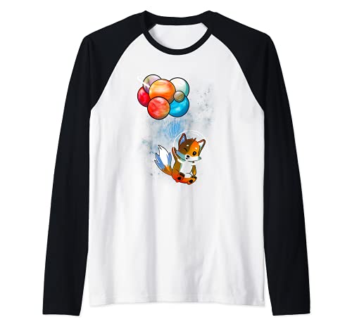 Funny Outer Space Fox Balloon Planets Space Travel Universe Raglan Baseball Tee, Black