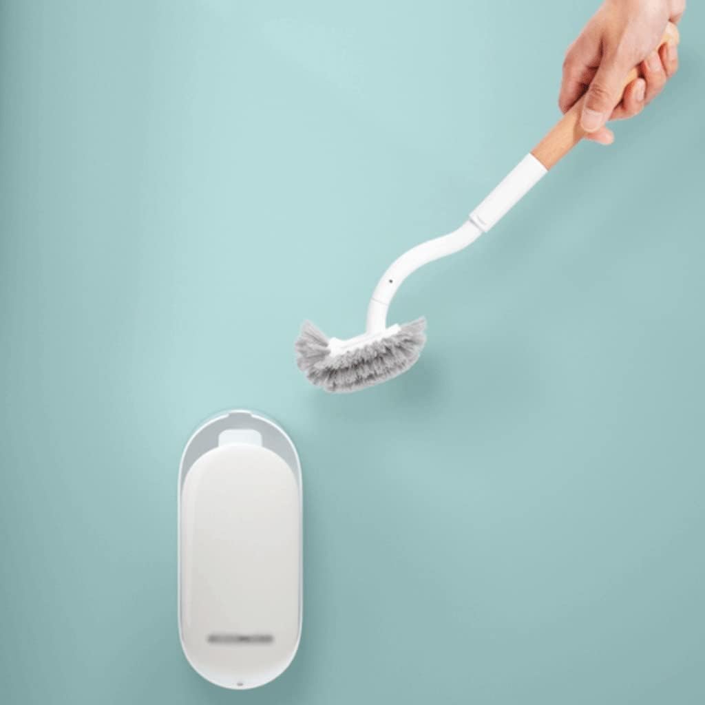 Useful Toilet Brush and Holder with Wood Handle，Curved Design Angled Bathroom Clean Toilet Bowl Brush，Wall Mounted Toilet Scrub Brush Hands-on