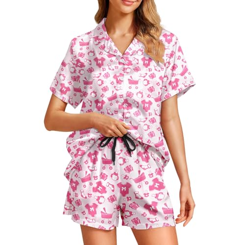 Image of Funny Pajamas for Women Set Print Satin Loungewear Pjs Short Sleeve Button Down Top and Shorts Sets Sleepwear XS-3XL