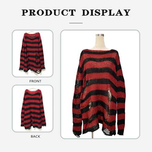 Image of Goth Y2K Striped Sweater with Belt Ripped Punk Gothic Long Sweaters for Women Grunge Distressed Halloween Pullover Tops