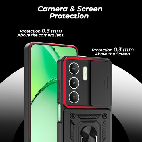 Image of A rtistque Armor Bumper Back Case Cover for Realme P3x 5G / 14x 5G / Narzo 80x 5G / 80 Lite 5G | Stylish Ring Holder & Inbuilt Stand | Sliding Camera Cover | Shockproof TPU Protective Design - Black
