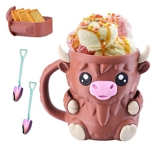 Highland Cow Ice Cream Holder, Ice Cream Pint Sleeves Cover with 2 Spoon & Handle, Cute Animal ICES Creams Cooler Container Leakproof Popsicle Cozy Beer Can Cup, Highland Cow Lover Gifts