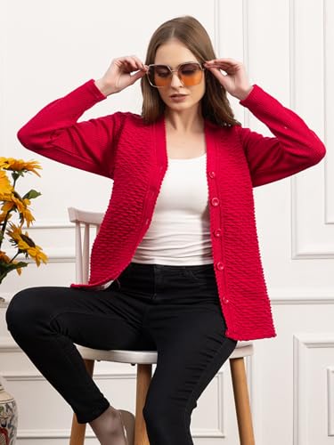 Image of Women's Winter Woolen Cardigan | Full Sleeve Textured Buttoned Sweater for Women | Soft Wool V-Neck Warm Knitted Outerwear for Office & Casual Wear