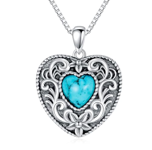 Genuine Heart Turquoise Necklace, Sterling Silver Native Western Vintage Flower Jewelry December Birthstone Birthday Gift for Women