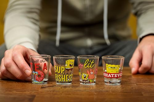 Image of Silver Buffalo Spongebob Squarepants Featuring Patrick Star and Gary Quotes Set 4 Pack Mini Glass Set, 1.5 Ounces