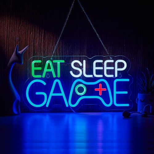 Image of Game Room Decor EAT SLEEP GAME Dimmable LED Neon Sign Beer Bar Man Cave Bedroom Home Art Gaming Neon Light Signs Wall Artwork Sign