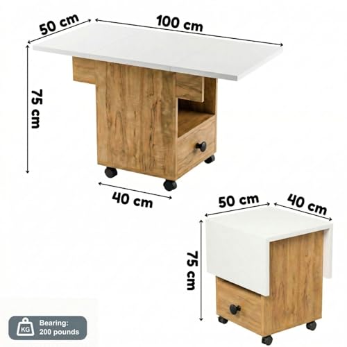 Image of FFO Foldable Dining Table with Storage and Wheels, Drop Leaf, 2 Seater, Engineered Wood, White and Coach Wood Finish, Drawer and Shelf Storage