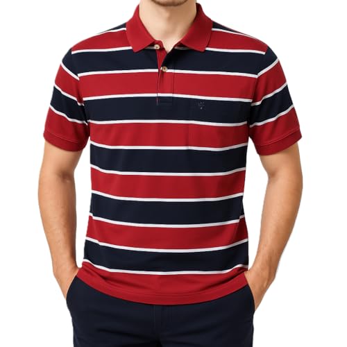 ARCER Men's Striped Polo Short Sleeve with Pocket, 100% Premium Cotton, Stylish Fit, Wrinkle Resistant. (AU, Alpha, Medium, Regular, Regular, Red/Black Striped)