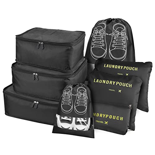 wiipara Koffer Organizer Reise Kleidertaschen-Set, 8-in-1-Set Gepäck Organizer Kleidertaschen Verpackungswürfel umfassen 2 Schuhbeutel, 3 Packwürfel und 3 Aufbewahrungsbeutel für Urlaub (Schwarz) Cover