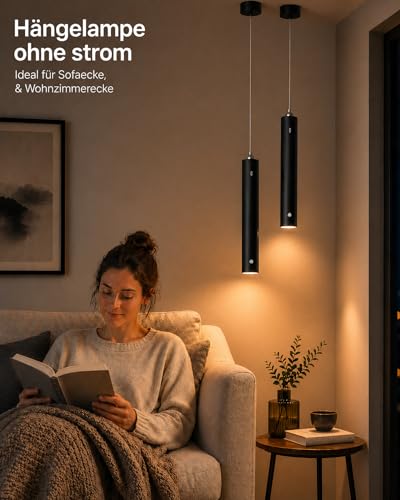 ACMHNC Akku Pendelleuchte, 2x LED Hängelampe mit Batterie 4500mAh, Dimmbare mit Fernbedienung, Timer 1/2/4/6H, 3 Lichtfarben, 5W Pendelleuchte Schwarz für Schlafzimmer, Esstisch, Ø4x30cm