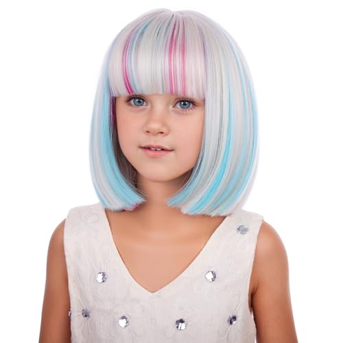 Image of PATTNIUM Kids Blonde Blue Mixed Pink Wig with Bangs Girls Short Colorful Wig Women Rainbow Bob Wigs Synthetic Party Costume Cosplay Halloween Wigs