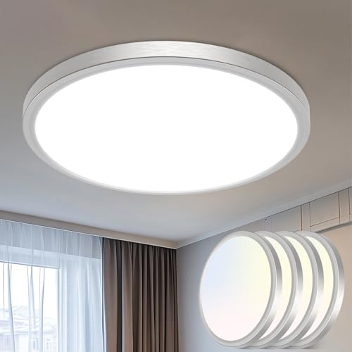 Image of libtit 16Inch Flush Mount LED Ceiling Light Fixture, 3000K 4000K 6500K Adjustable, 36W 3600lm Brushed Nickel Satin Round Ceiling Lamp for Bathroom Shower Hallway Kitchen, 4 Pack