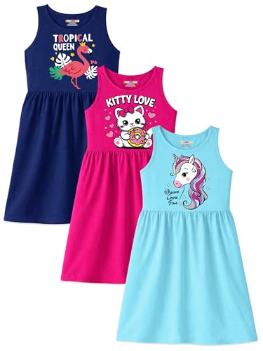 Image of Kuchipoo Girls Sleeveless Cotton Frock Dress | Printed Summer Dresses for Girls | Unicorn, Love & Floral Designs - Pack of 3