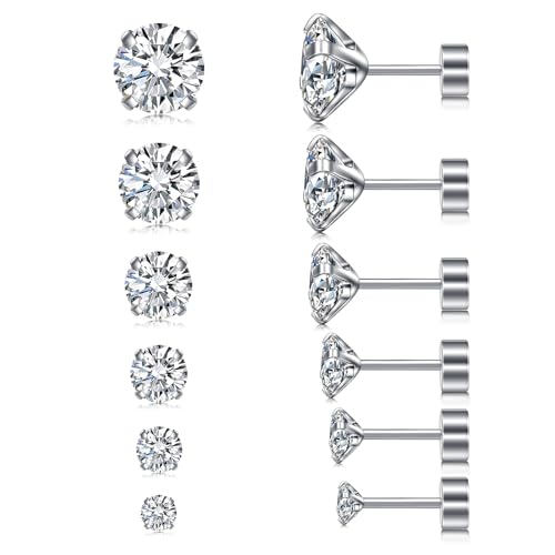 LAURITAMI 6 pièces Set Boucles d'oreilles 3-8mm Zirconium Inséré Clous d'Oreilles Argent,20G Acier Chirurgical piercing helix tragus Médicaux Cartilage...