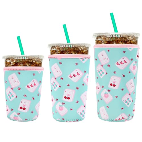 Image of YR Reusable Neoprene Insulator Sleeve for Iced Coffee Cups, 3 Pack Coffee Coolies sleeves for Iced & Hot Drinks, Cold Beverage Cooler Compatible with Starbucks Coffee and More (Cute Mahjong)