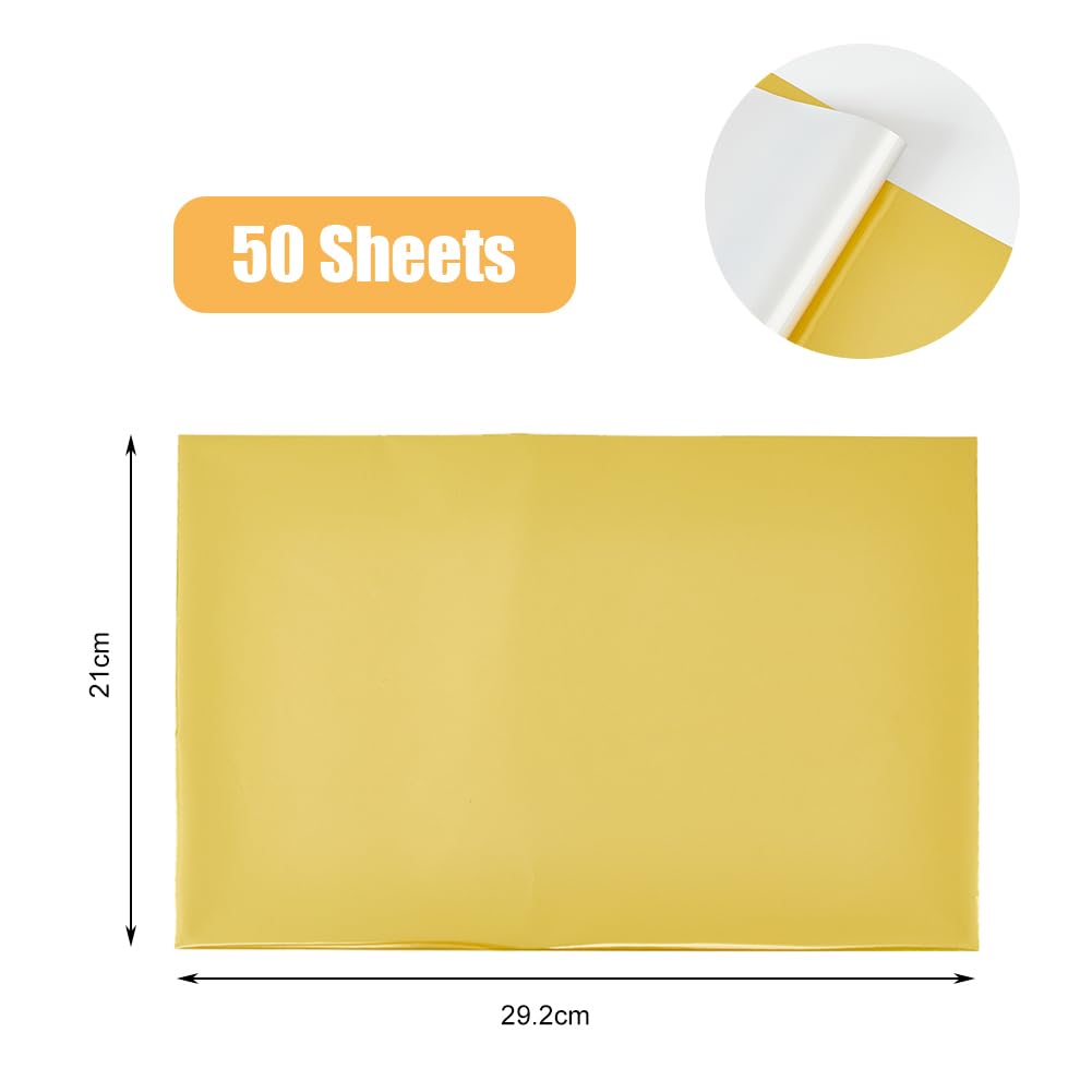 SUPERFINDINGS 50 hojas de papel reactivo laminado A4 11,4 x 7,28 pulgadas Papel reactivo rectangular para tóner Hoja de transferencia metálica dorada para impresora láser + laminadora