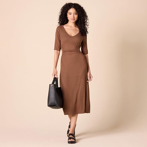 Image of Amazon Essentials Women's Fine Rib V Neck Side Cut-Out Midi Dress (Previously Daily Ritual)