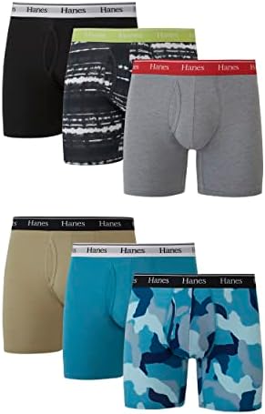 Hanes Men's Boxer Briefs & Trunks, Stretch Cotton Moisture-Wicking Underwear, Modern Fit Low Rise, Multipacks, Regular Leg-Blue Camo/Khaki/Black-6-Pack