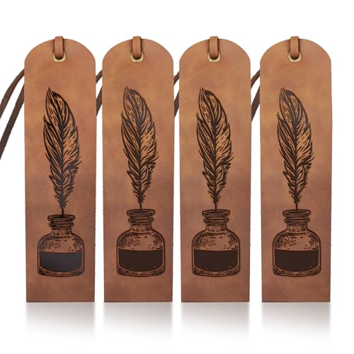 MAYJOYDIY 4Pcs Vintage Leather Bookmarks, 5×18cm Handmade Feather Ink Design for Book Lovers & Writers