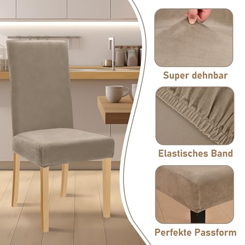Alishomtll Stretch Samt Stuhlhussen 4er Set Velvet/Velour Stuhlbezug Schwingstuhl Elastische Hussen Waschbarer Stühle Schutz für Küche Restaurant Hotel Bankett Hochzeit (Khaki, 4 Stück)
