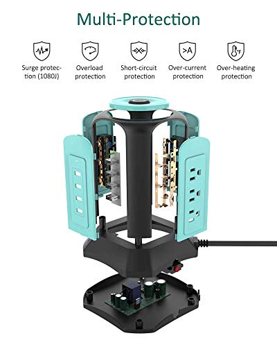 Superdanny 9.8Ft Usb Power Strip Tower Surge Protector With 9 Outlet 4 Usb 1080J Surge Protection, 2Pack, Black & Blue #TOP3