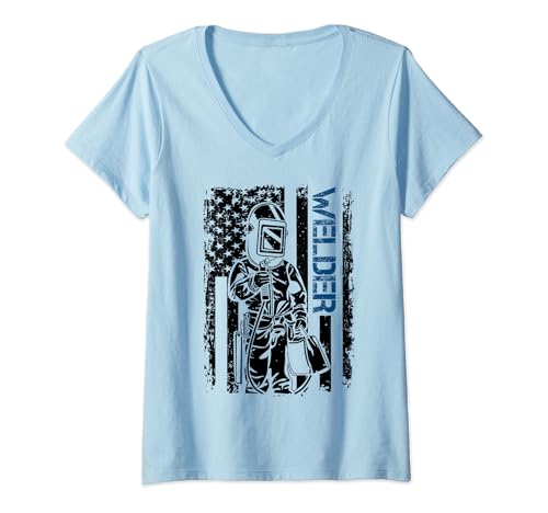 Mujer Soldador inspirador con bandera de Estados Unidos para hombres y mujeres Camiseta Cuello V