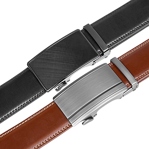 Image of Founders & C Mens Belt 2 Pack,Leather Ratchet Click Belt Dress with Slide Buckle 1 3 /8 inch in Gift Set Box- Size Adjustable