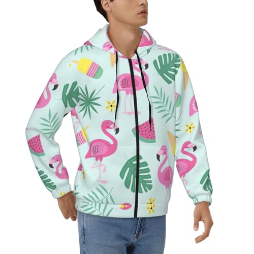 Sweat à capuche zippé haut de gamme imprimé fruits et flamants roses style casual homme