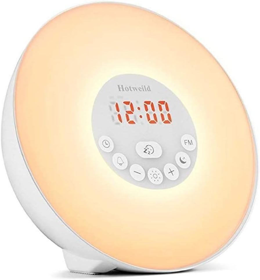 Hotweild Alarm Clock Upgraded, 7 Colors Bedside Wake-Up Light FM Radio LED Display Touch Control Snooze 6 Natural Sounds with Sunrise Sunset Simulator Mode, Polycarbonate, White
