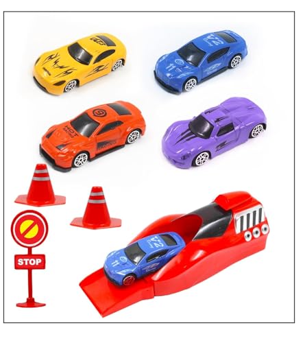 Image of Sky Tech Rapid Launcher High Speed Car Set | 4-Piece Die-Cast Metal Car Set for Kids | with High-Speed Launcher | Includes 3 Road Blockers & 1 Stopper | Perfect for Kids 3+