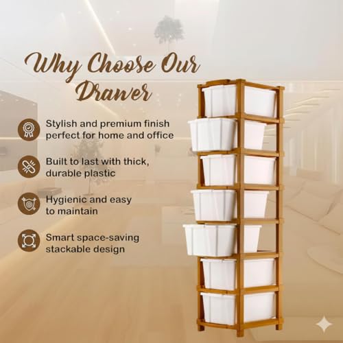Image of 7 Layer Plastic Modular Storage Drawer Organizer | Chest of Drawer Storage Box for Living Room, Office, School and Home Toys | Organiser for Kids Room | Ivory & Brown (7-Layer ivory)