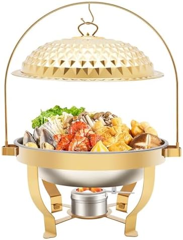 Stainless Steel Round Chafer Set, 8L/8.5QT Buffet Warmer with Hanging Lid, Ideal for Cafeterias, Family Gatherings, Banquets, Weddings, Catering Events
