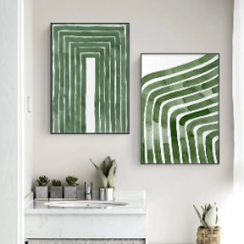 Affiche art mural rayures vertes pour salon et salle à manger | Duo de toiles déco 35x50cm