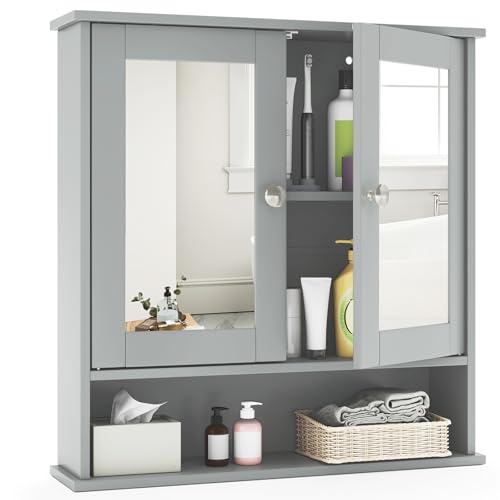COSTWAY Bathroom Mirror Cabinet, Double Door Wall Mounted Storage Cupboard with Adjustable Shelf and Compartment, Home Kitchen Living Room Display Organiser Unit (Gray)