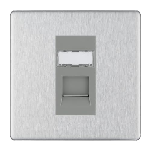Brushed Steel Screwless Single 1 Gang RJ45 Data Socket Grey Inserts FBSRJ451