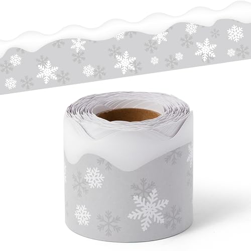 BeYumi Winter Snowflake Border Trim - 65ft Winter Christmas Gray Snowflake Scalloped Rolled Border Trim Xmas Snowflakes Themed Bulletin Board Borders School Classroom Office Chalkboard Party Decor