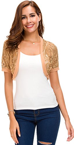 Tandisk Women's 3/4 Sleeve Bolero Sheer Chiffon Shrug Cardigan (S, Y- Lace Taupe)