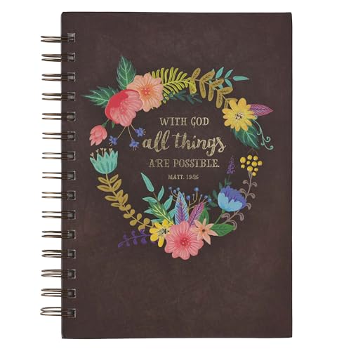 Christian Art Gifts Journal w/Scripture With God All Things Are Possible Mathew 19:26 Bible Verse Floral 192 Ruled Pages, Large Hardcover Notebook, Wire Bound