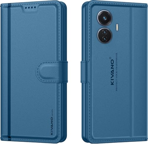 Image of KIVANO LUXE Compatible for Vivo T1 44W / Vivo T1 4G Luxury Handmade Leather Magnetic Flip Folio Case | Card Holder & Kickstand | Slim Protective Cover | Unisex - Blue