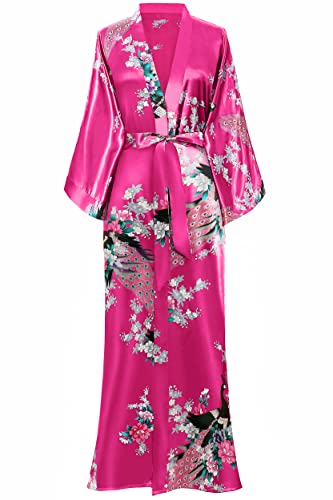 Image of BABEYOND Women's Kimono Robe Long Satin Robes with Peacock and Blossoms Printed Kimono Nightgown