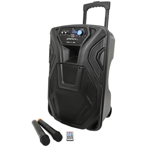 QTX Busker 12 Portable PA System with Wireless Microphones & Remote Control Bluetooth Trolley Speaker for Karaoke, Street Performers, Outdoor Parties, Events & Mobile DJ