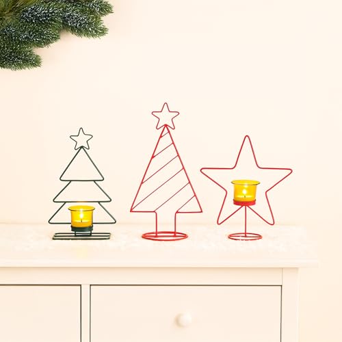 Image of MARKET 99 X-Mas T-Lite Holder Set of 3 Assorted with 2 Glass Votives - Multi-Color Metal Xmas & Christmas Tree and Star Design Glossy Candle Holders for Home & Festival Decor