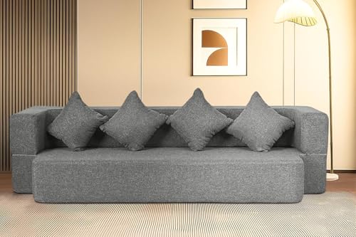 Image of Rosebell Flipper Three Seater | 70 X 46 X 9 | Foldable Sofa Cum Bed with Washable Fabric Four Cushions for Living Room - Grey-Color