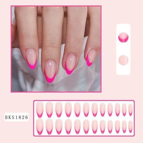 Image of Pink French Tip Press on Nails Medium Almond Fake Nails Nude False Nail with Design Glossy Glue on Nails Reusable Artificial Acrylic Stick on Nail For Women Girls present Manicure 24pcs