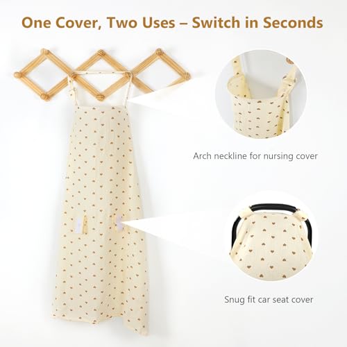 Image of Hooyax 2-in-1 Baby Car Seat Cover & Nursing Cover, 100% Muslin Cotton, Breathable Car Seat Canopy and Privacy Breastfeeding Cover, Tiny Heart