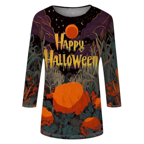 Image of Women Spooky Halloween Graphic Shirt 3 /4 Length Sleeve Crewneck Top | Halloween Funny Printed Pumpkin Plus Size Tshirts 2026 Fall Outfits Skeleton Tee Going Out Tops
