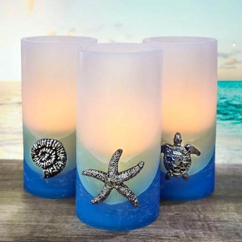Image of Blue Flameless Candles, Nautical Themed Starfish, Conch, Seahorse Flickering Flameless Candles with Timer, Remote Set of 3 Pillar Led Candles for Wedding,Bedroom,Party,Gift