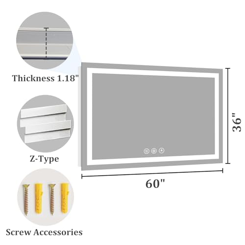 Image of Koonmi 36x60 LED Bathroom Mirror with Lights | Anti-Fog, Backlit + Front Lit, 3 Colors, Dimmable Brightness, Memory Function, Tempered Glass
