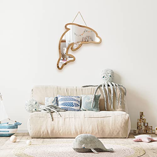 Cute Dolphin Patterned Silver Natural Wood Framed Acrylic To Hanging Wall Mirror Decorative Stickers Baby Kids Teen Room Nursery Bathroom Bedroom Livingroom Decoration #TOP3