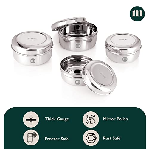 Image of MARU Fridge Storage Containers Stainless Steel set of 4 ((250ml, 450ml, 600ml, 850ml) - Small Round Airtight Food Storage Container, Multipurpose Kitchen Boxes for Leftovers Food, Roti, Chapati & Atta